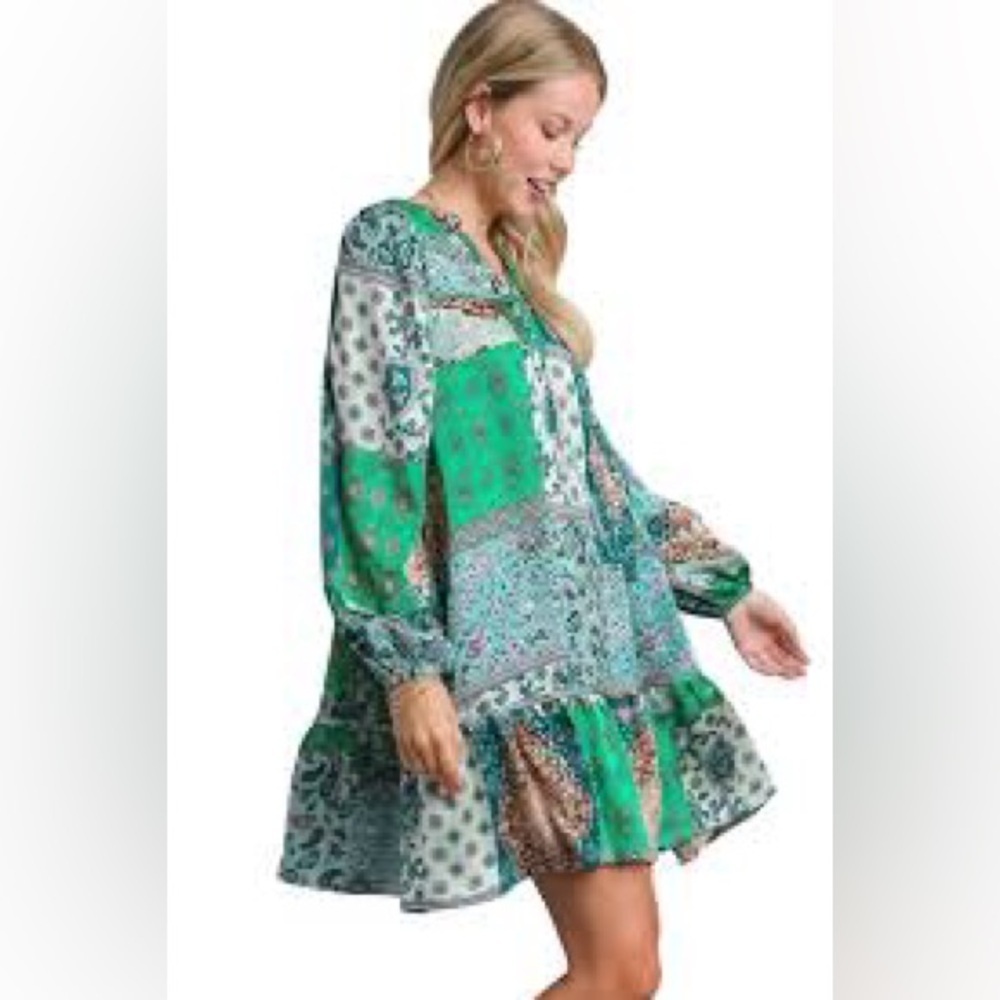 166 - Umgee NWT Green Patchwork Long Sleeve Dress, Size Small - Large